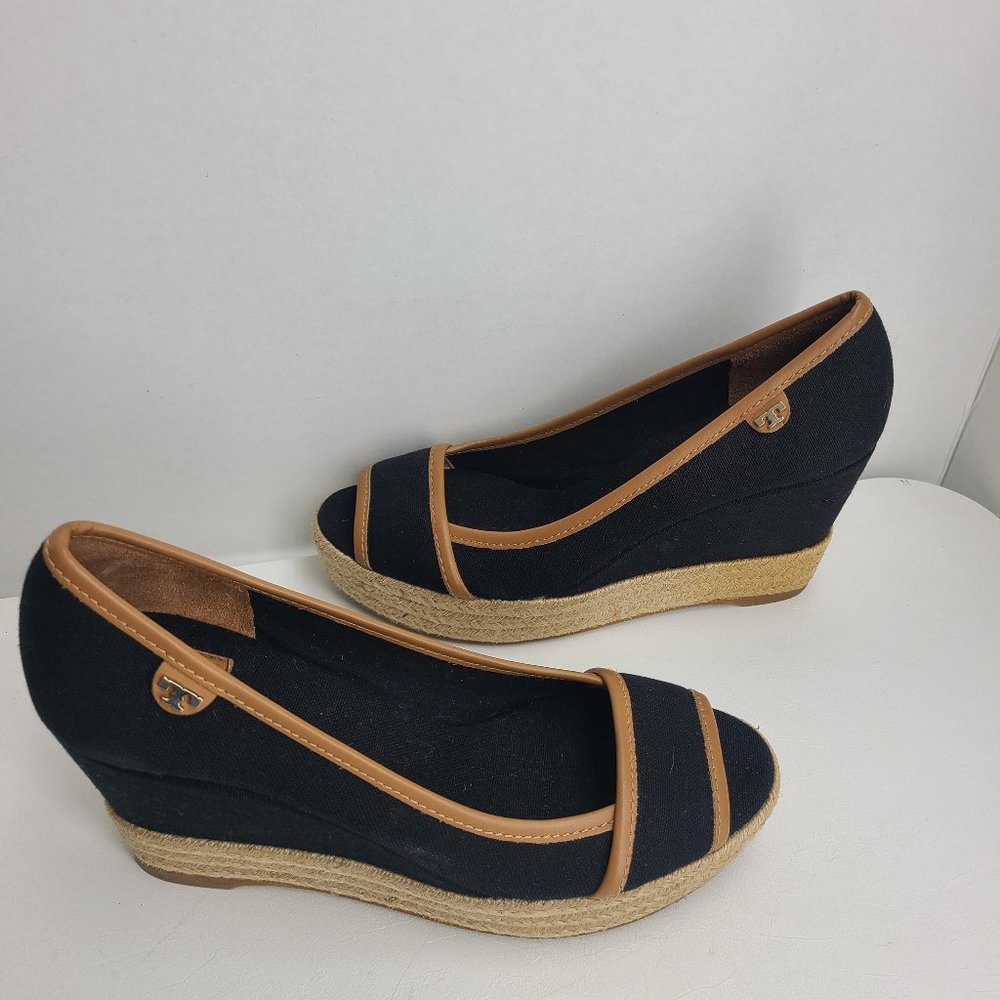 Tory Burch Women's Wedges Size 56 Black Canvas Tan Leather Trim
